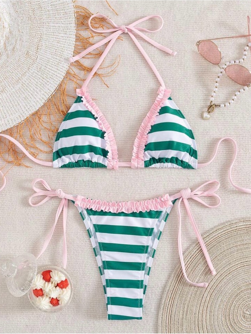 Green & White Striped Bikini with Pink Trim